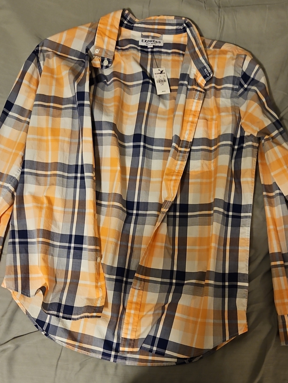 Express Orange, Navy & White Plaid Button-Down Shirt